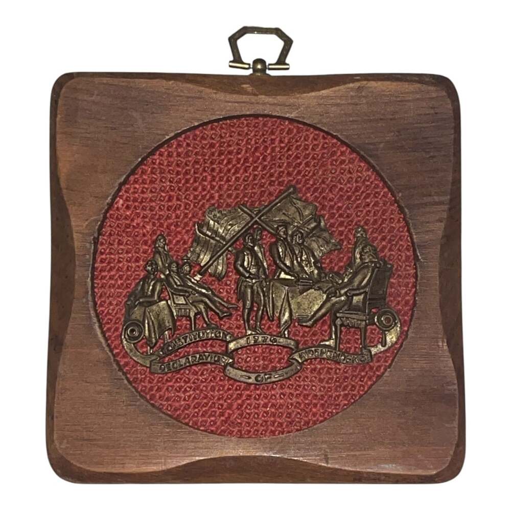 Vintage Declaration of Independence 1776 Brass Medallion on Wood Wall Plaque